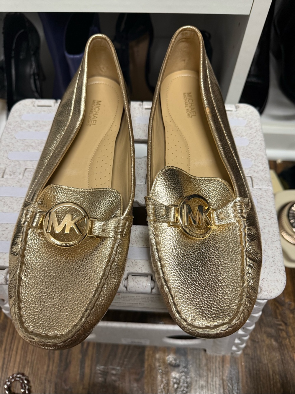 Michael Kors Metallic Gold Leather MK Logo Loafers